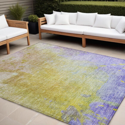 8' X 10' Blue Gold and Wheat Abstract Washable Non Skid Indoor Outdoor Area Rug