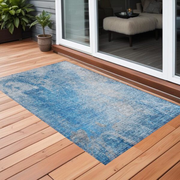 3' X 5' Blue and Gray Abstract Washable Non Skid Indoor Outdoor Area Rug