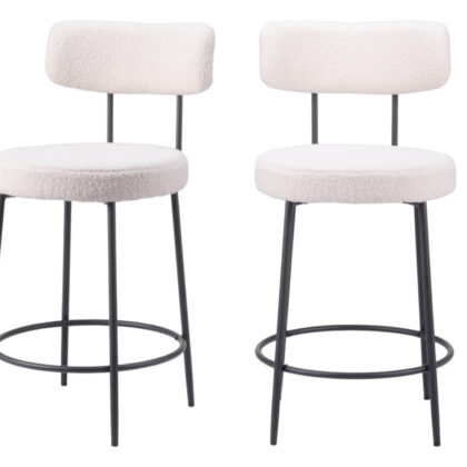 Set of Two 25" Ivory and Black Shearling and Steel Low Back Counter Height Bar Chairs