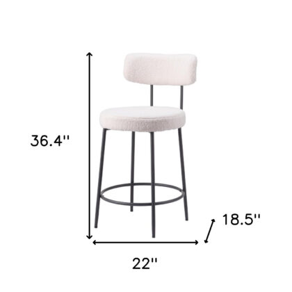 Set of Two 25" Ivory and Black Shearling and Steel Low Back Counter Height Bar Chairs