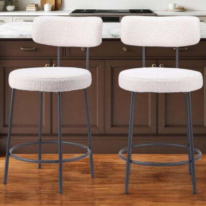 Set of Two 25" Ivory and Black Shearling and Steel Low Back Counter Height Bar Chairs