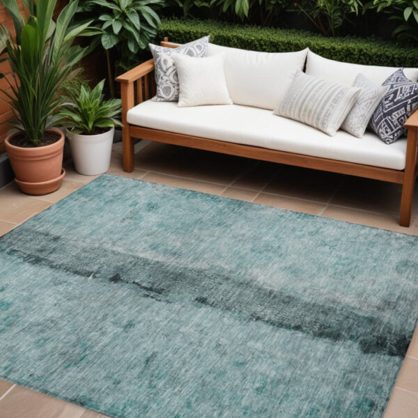 10' X 14' Teal Blue Aqua And Charcoal Abstract Washable Indoor Outdoor Area Rug