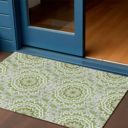 3' X 5' Green Olive Green And Ivory Floral Medallion Washable Indoor Outdoor Area Rug