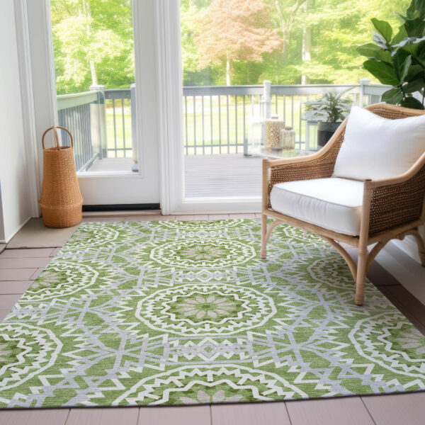 3' X 5' Green Olive Green And Ivory Floral Medallion Washable Indoor Outdoor Area Rug