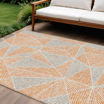 10' X 14' Orange Gray And Silver Geometric Washable Indoor Outdoor Area Rug