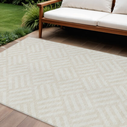 9' X 12' Ivory And Beige Geometric Washable Indoor Outdoor Area Rug