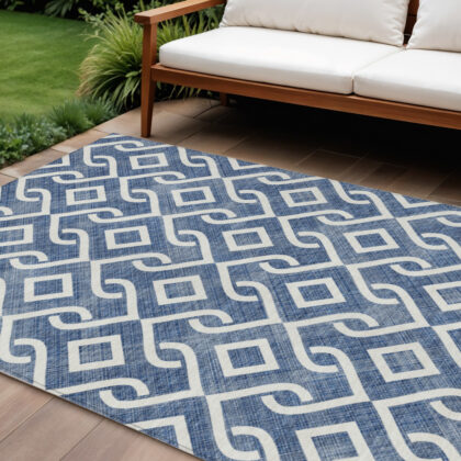 10' X 14' Navy Blue And Ivory Geometric Washable Indoor Outdoor Area Rug