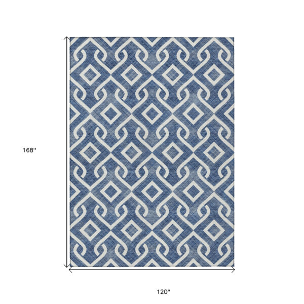 10' X 14' Navy Blue And Ivory Geometric Washable Indoor Outdoor Area Rug