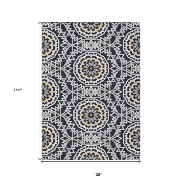 9' X 12' Black Ivory And Gray Floral Medallion Washable Indoor Outdoor Area Rug