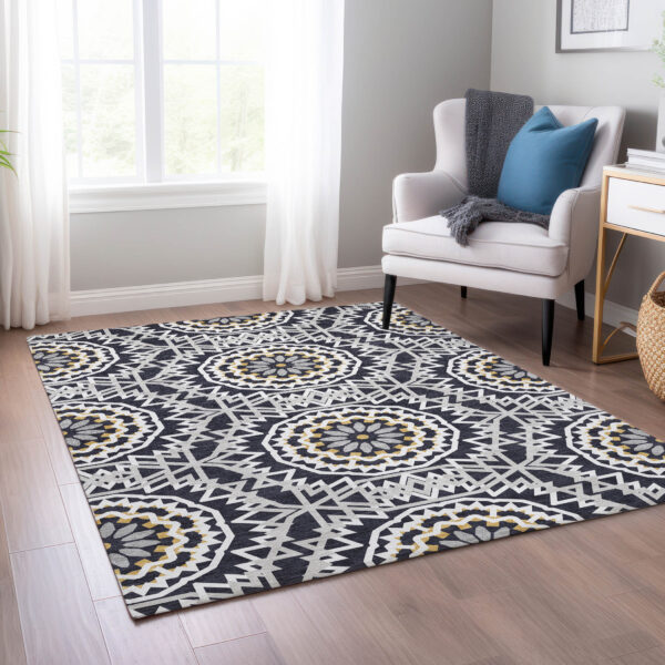 9' X 12' Black Ivory And Gray Floral Medallion Washable Indoor Outdoor Area Rug