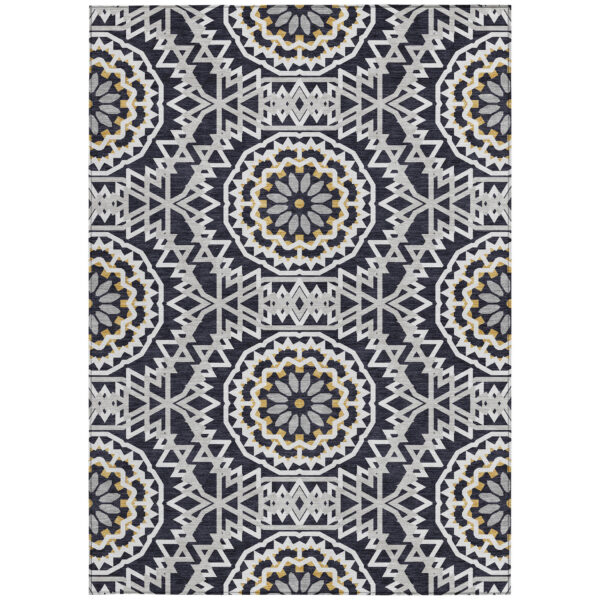 9' X 12' Black Ivory And Gray Floral Medallion Washable Indoor Outdoor Area Rug
