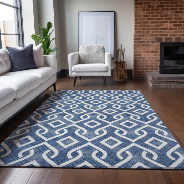 10' X 14' Navy Blue And Ivory Geometric Washable Indoor Outdoor Area Rug