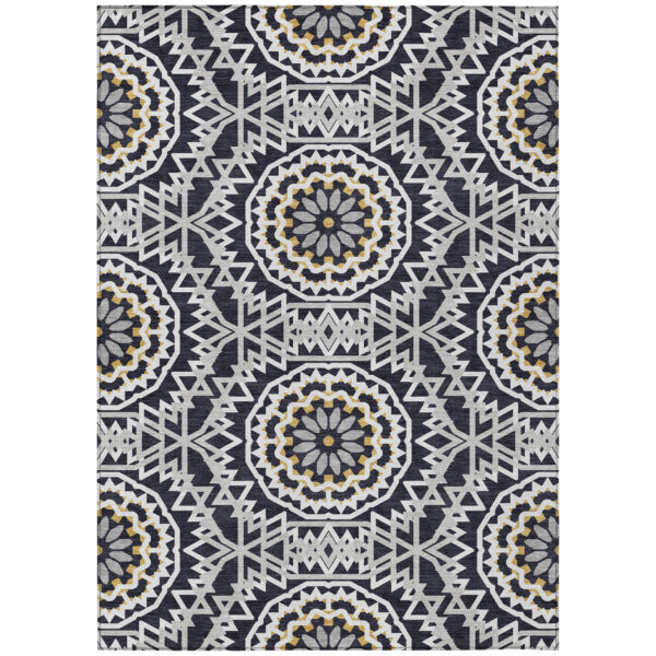 9' X 12' Black Ivory And Gray Floral Medallion Washable Indoor Outdoor Area Rug