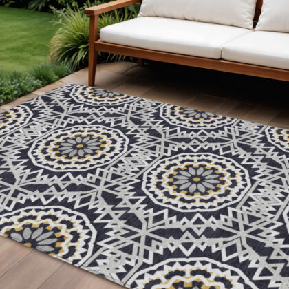9' X 12' Black Ivory And Gray Floral Medallion Washable Indoor Outdoor Area Rug