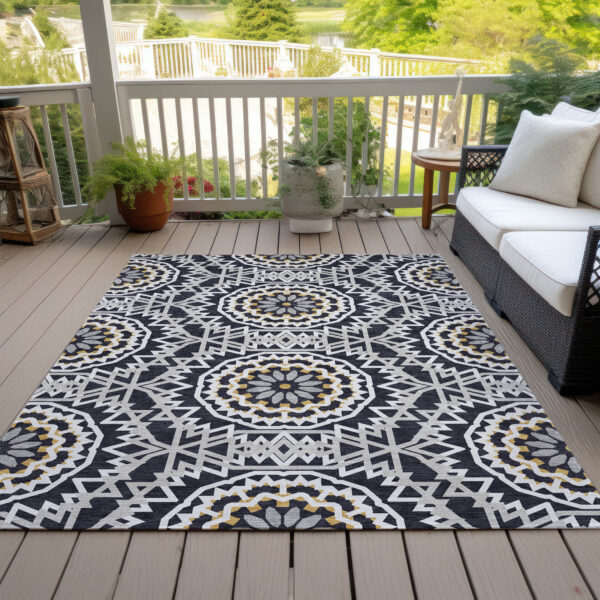 9' X 12' Black Ivory And Gray Floral Medallion Washable Indoor Outdoor Area Rug