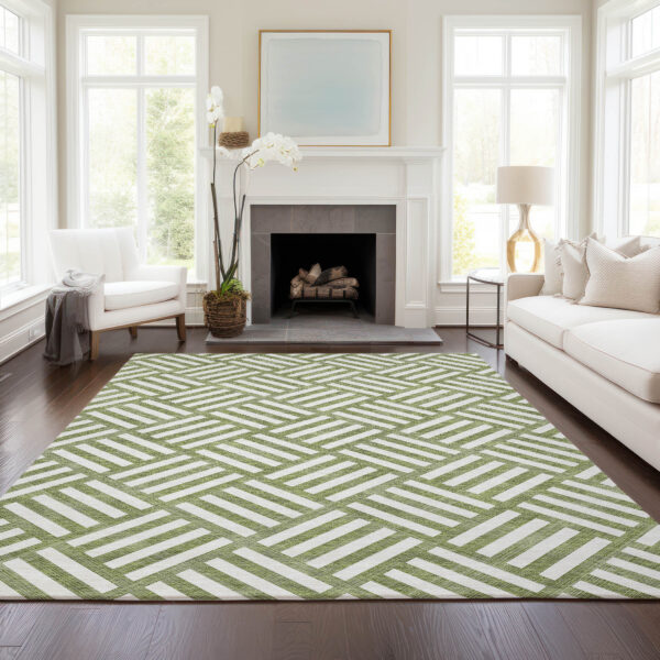 5' X 8' Olive Green And Ivory Geometric Washable Indoor Outdoor Area Rug