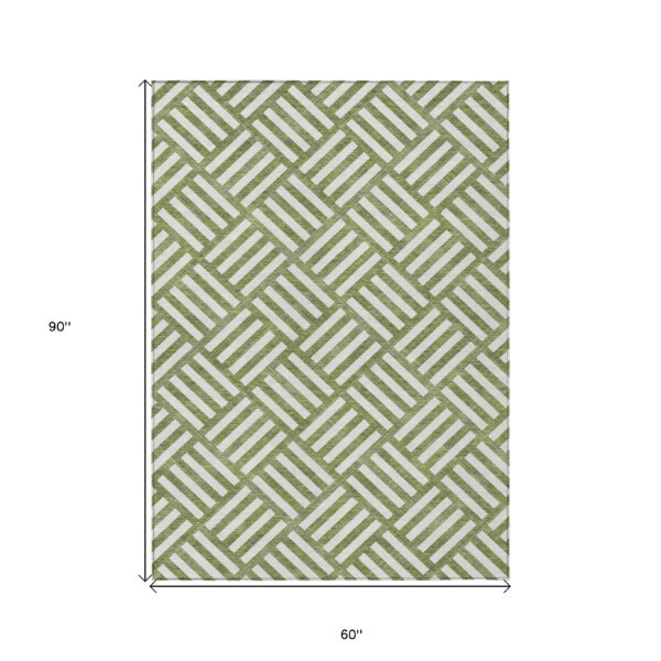 5' X 8' Olive Green And Ivory Geometric Washable Indoor Outdoor Area Rug
