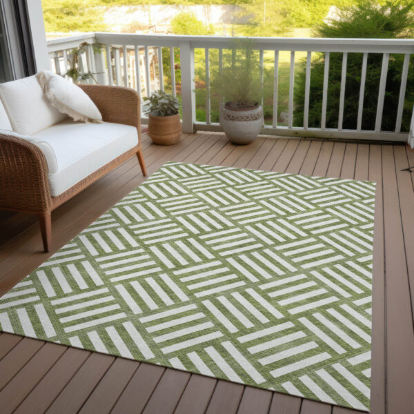 5' X 8' Olive Green And Ivory Geometric Washable Indoor Outdoor Area Rug