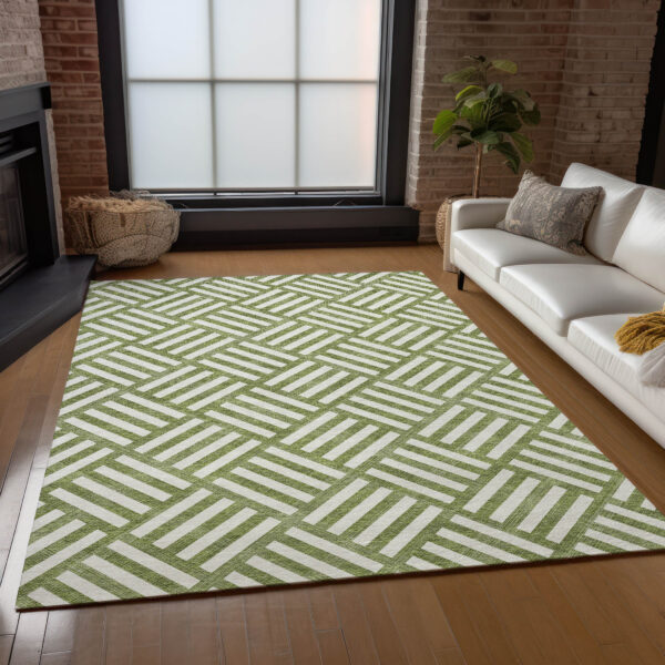 5' X 8' Olive Green And Ivory Geometric Washable Indoor Outdoor Area Rug