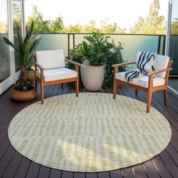 8' Beige And Tan Round Striped Washable Indoor Outdoor Area Rug