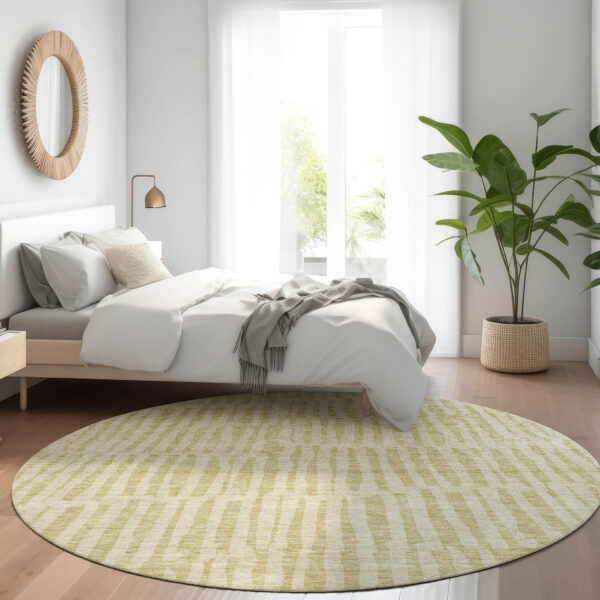8' Beige And Tan Round Striped Washable Indoor Outdoor Area Rug