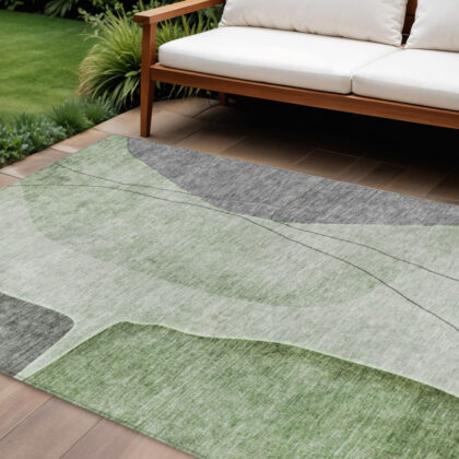 10' X 14' Green Olive Green And Gray Abstract Washable Indoor Outdoor Area Rug