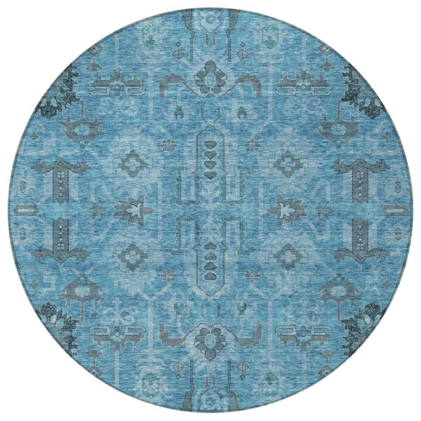 8' Sky Blue And Gray Round Oriental Washable Indoor Outdoor Area Rug