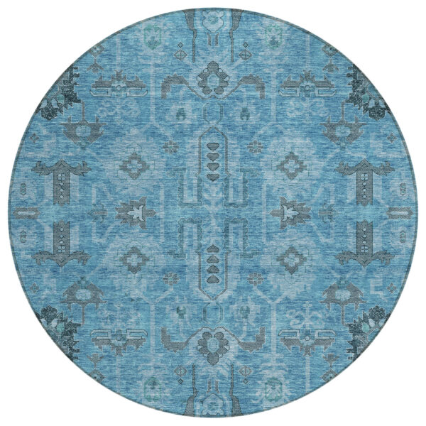 8' Sky Blue And Gray Round Oriental Washable Indoor Outdoor Area Rug