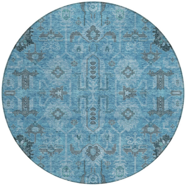 8' Sky Blue And Gray Round Oriental Washable Indoor Outdoor Area Rug