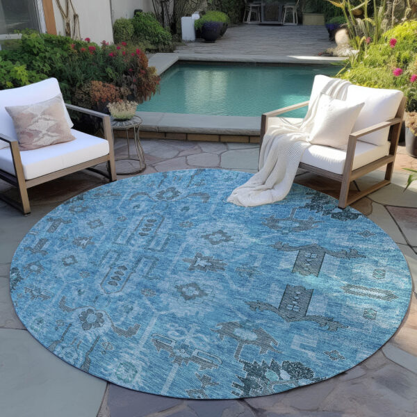 8' Sky Blue And Gray Round Oriental Washable Indoor Outdoor Area Rug