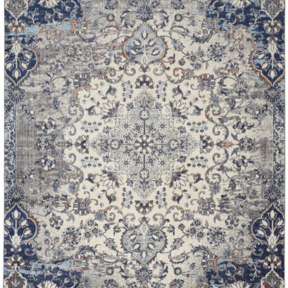 5' X 8' Ivory Gray And Blue Floral Power Loom Distressed Stain Resistant Area Rug