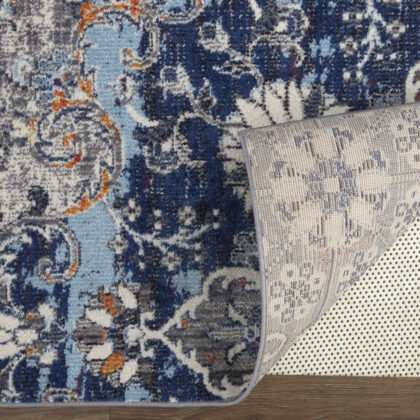 5' X 8' Ivory Gray And Blue Floral Power Loom Distressed Stain Resistant Area Rug