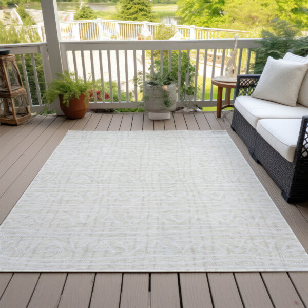 10' X 14' Ivory And Beige Geometric Washable Indoor Outdoor Area Rug