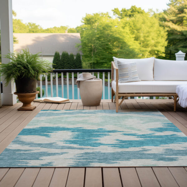 5' X 8' Teal Blue Aqua And Ivory Abstract Washable Indoor Outdoor Area Rug