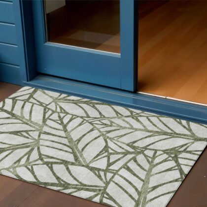 3' X 5' Olive Green And Beige Floral Washable Indoor Outdoor Area Rug