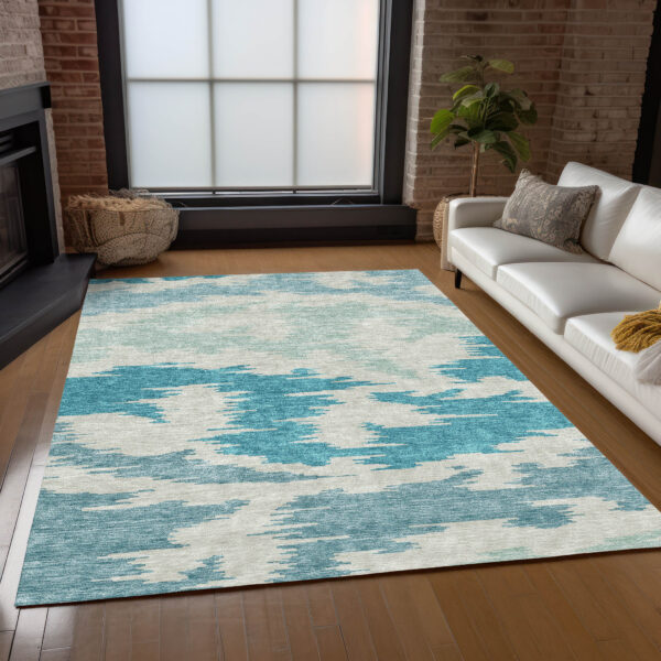 5' X 8' Teal Blue Aqua And Ivory Abstract Washable Indoor Outdoor Area Rug