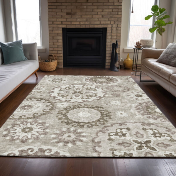10' X 14' Taupe Beige And Brown Floral Medallion Washable Indoor Outdoor Area Rug