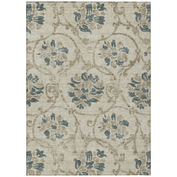 5' X 8' Beige Tan And Blue Floral Washable Indoor Outdoor Area Rug