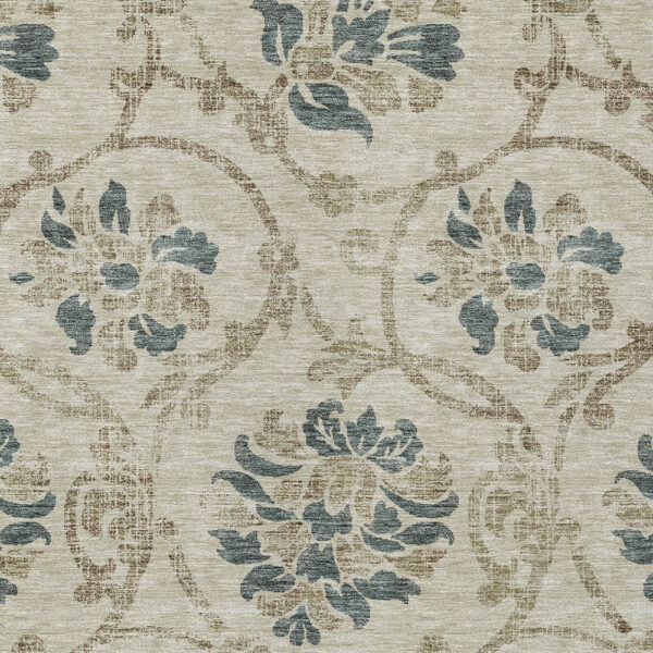 5' X 8' Beige Tan And Blue Floral Washable Indoor Outdoor Area Rug