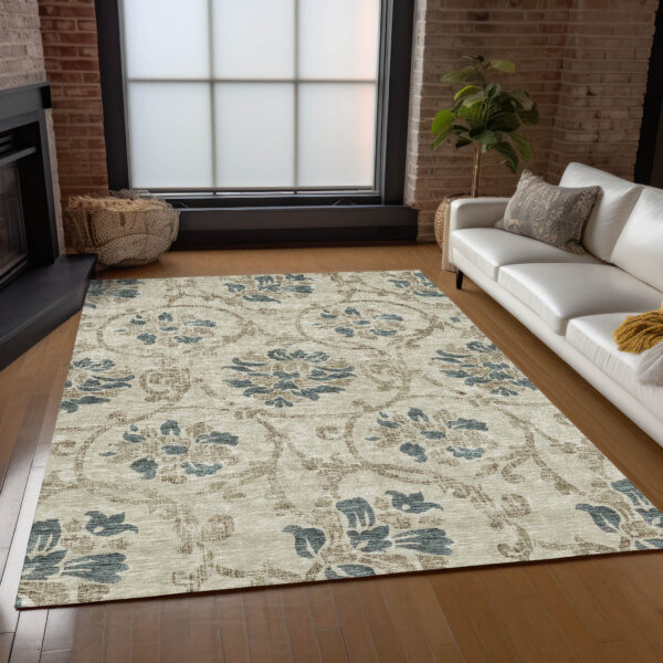 5' X 8' Beige Tan And Blue Floral Washable Indoor Outdoor Area Rug