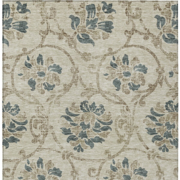 5' X 8' Beige Tan And Blue Floral Washable Indoor Outdoor Area Rug