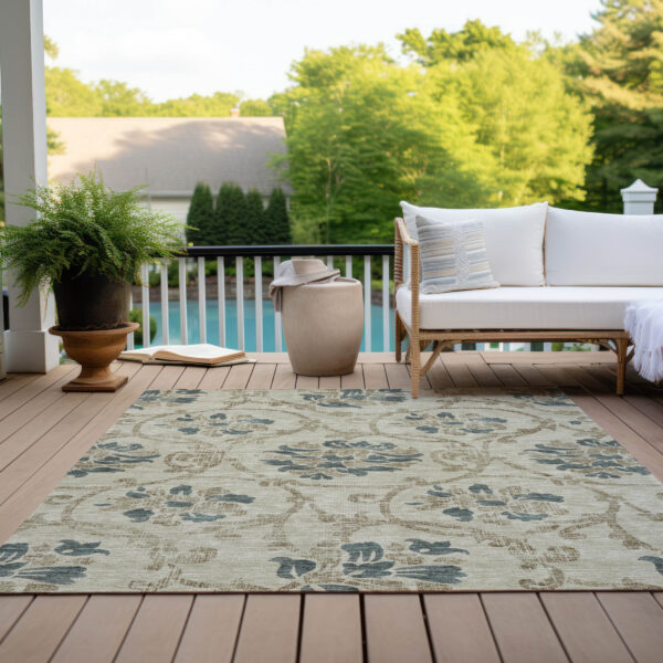 5' X 8' Beige Tan And Blue Floral Washable Indoor Outdoor Area Rug