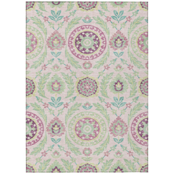 9' X 12' Pink Mauve And Mint Green Floral Washable Indoor Outdoor Area Rug