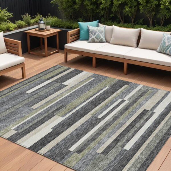 10' X 14' Charcoal Gray And Silver Striped Washable Indoor Outdoor Area Rug