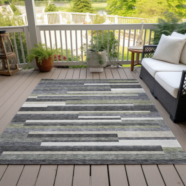 10' X 14' Charcoal Gray And Silver Striped Washable Indoor Outdoor Area Rug