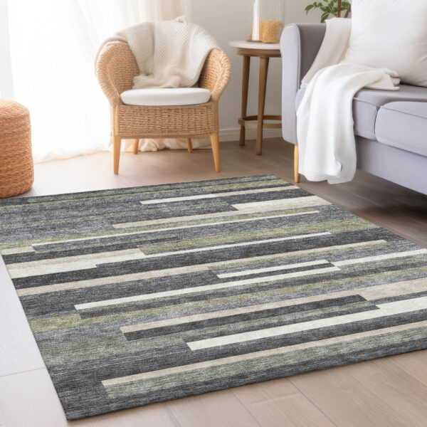 10' X 14' Charcoal Gray And Silver Striped Washable Indoor Outdoor Area Rug