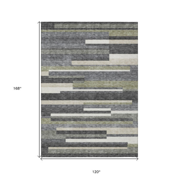 10' X 14' Charcoal Gray And Silver Striped Washable Indoor Outdoor Area Rug