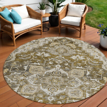 8' Brown Beige And Taupe Round Oriental Washable Indoor Outdoor Area Rug