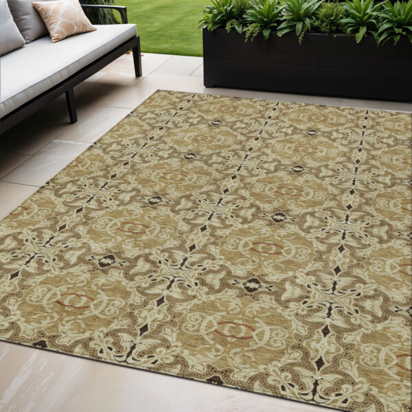 5' X 8' Brown Beige And Tan Medallion Washable Indoor Outdoor Area Rug