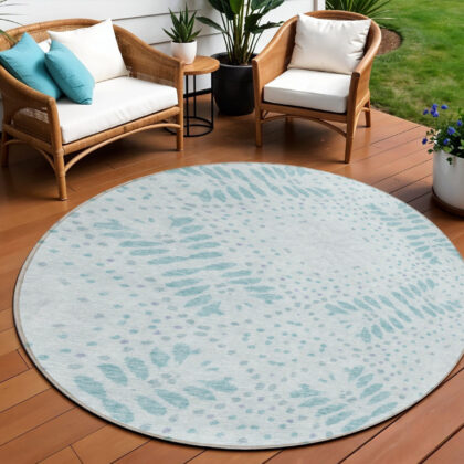 8' Teal Blue And Aqua Round Floral Washable Indoor Outdoor Area Rug